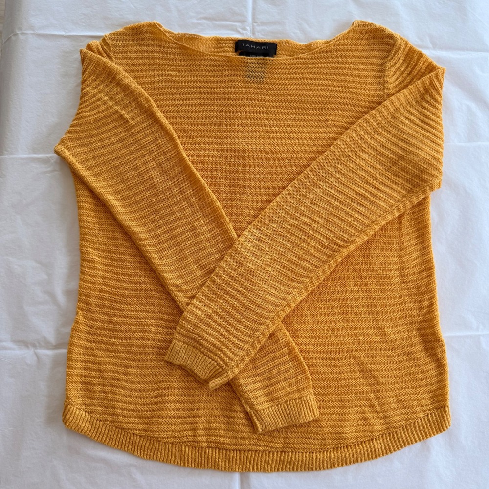 Tahari Linen Sweater Womens Medium Yellow Excellent Boat Neck Open Knit